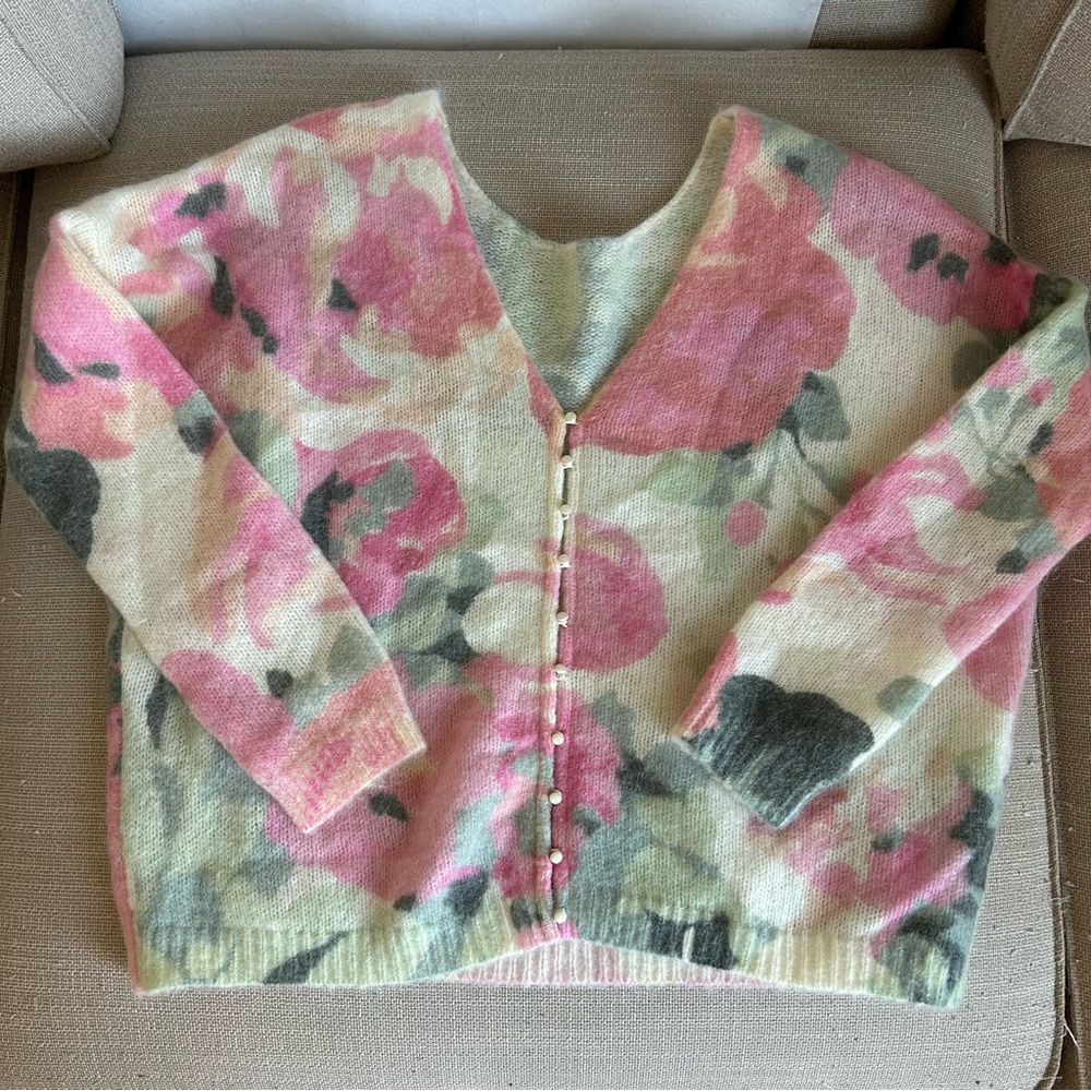 Sezane Lisette Cardigan Medium Pink Cream Floral Kid Mohair Sweater Knit French - Picture 7 of 15